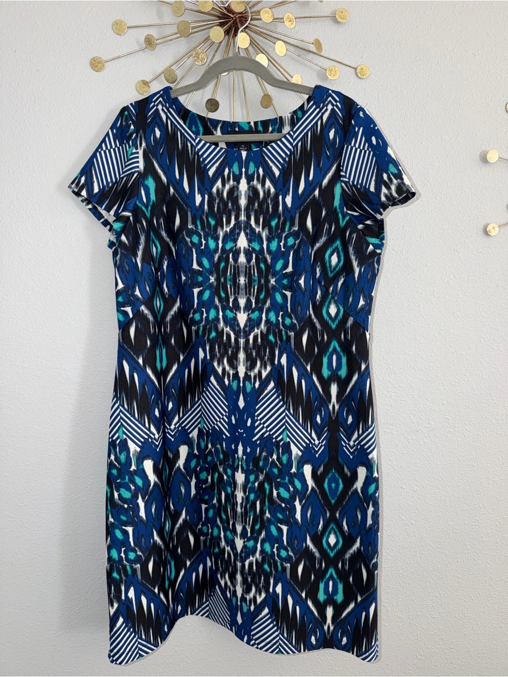Blue Patterned Short Sleeve Midi Dress